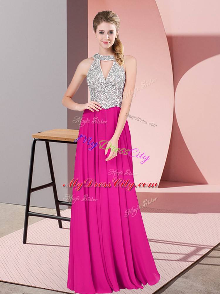 High-neck Sleeveless Chiffon Prom Dresses Beading Zipper