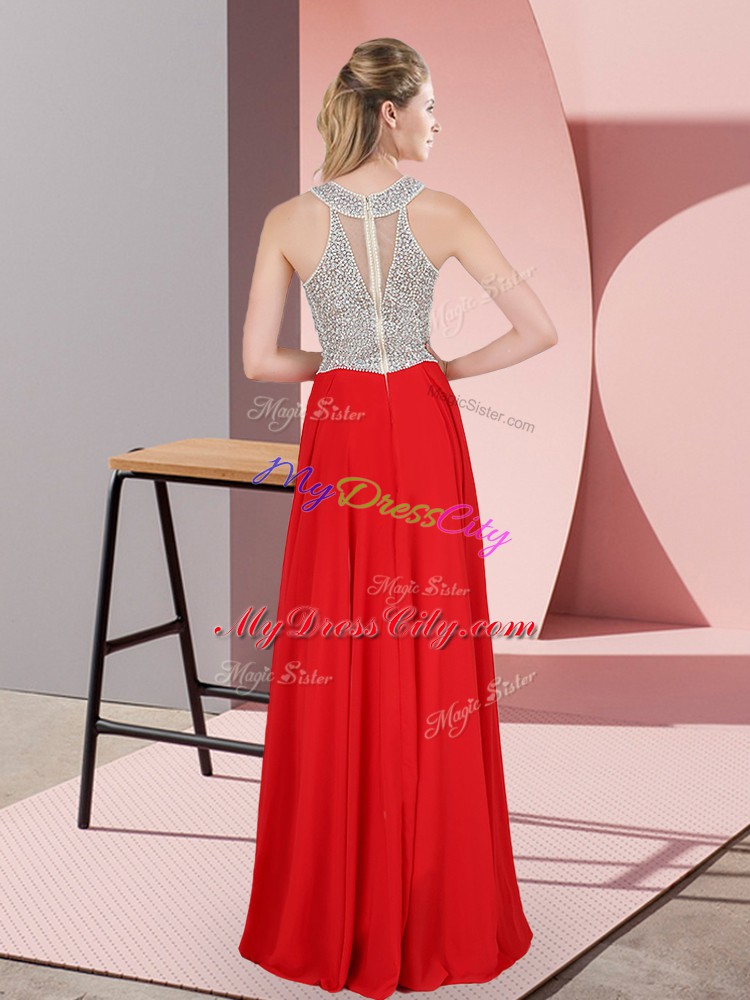 High-neck Sleeveless Chiffon Prom Dresses Beading Zipper