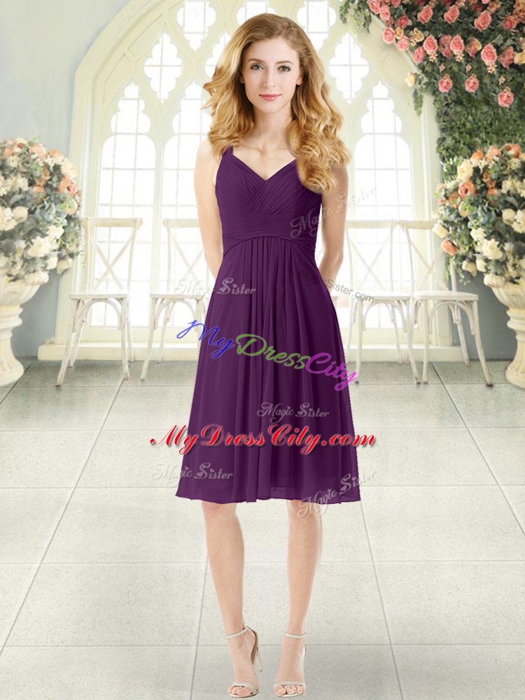 Sleeveless Knee Length Ruching Zipper Homecoming Dress with Purple