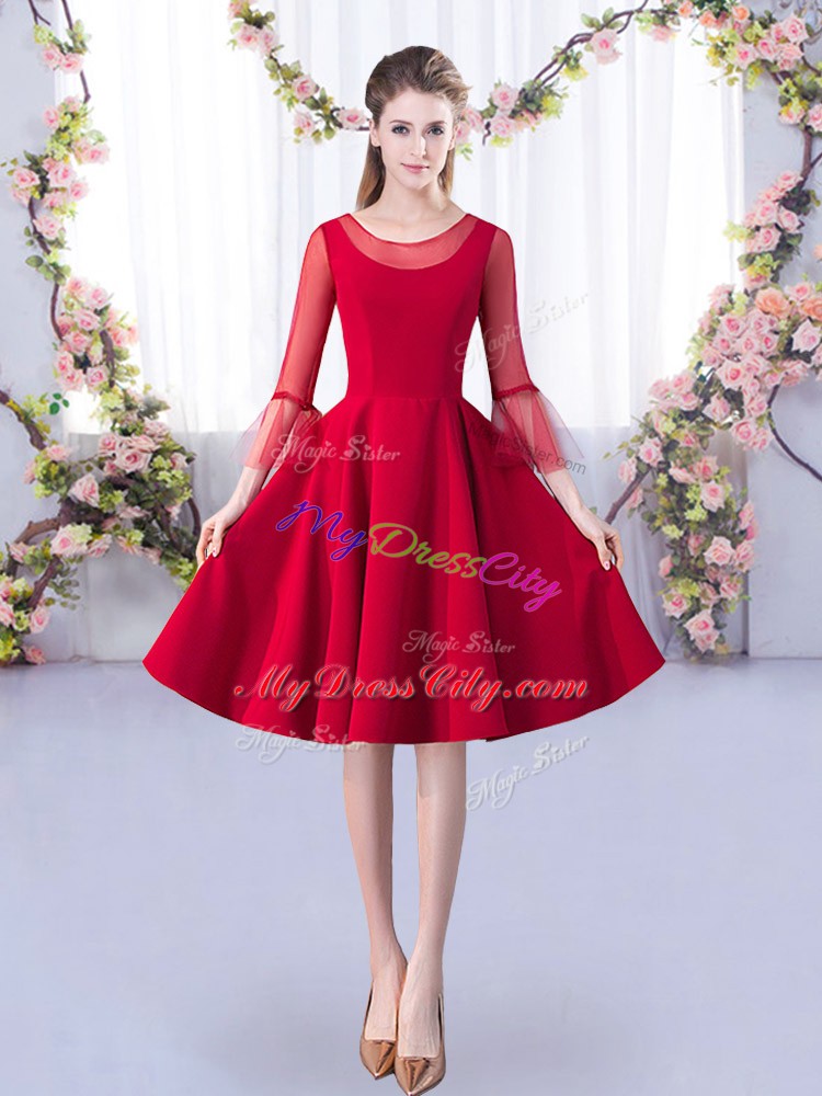 Scoop 3 4 Length Sleeve Zipper Bridesmaid Gown Red Satin