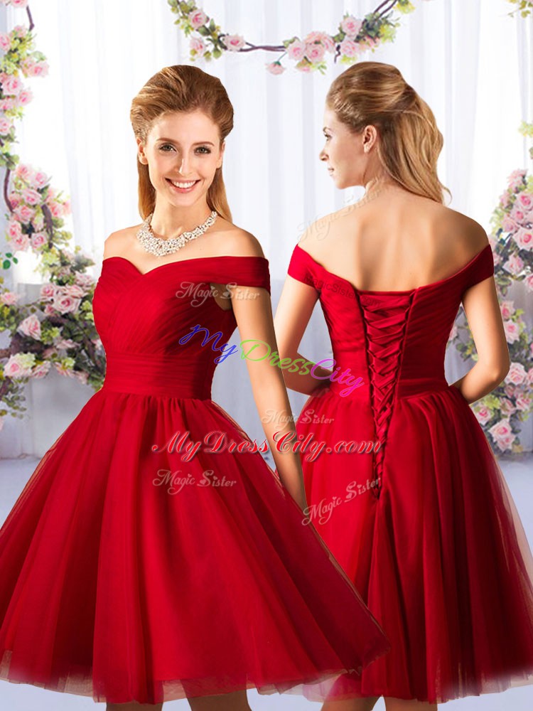 Custom Designed Knee Length Red Bridesmaid Gown Tulle Sleeveless Ruching