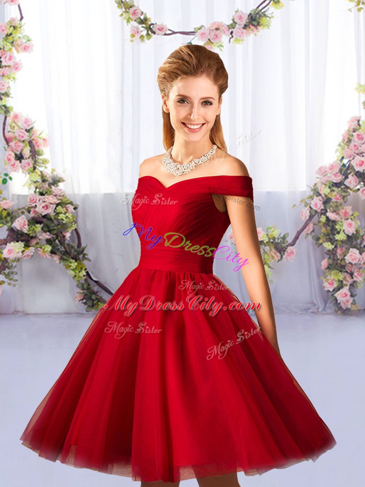 Custom Designed Knee Length Red Bridesmaid Gown Tulle Sleeveless Ruching