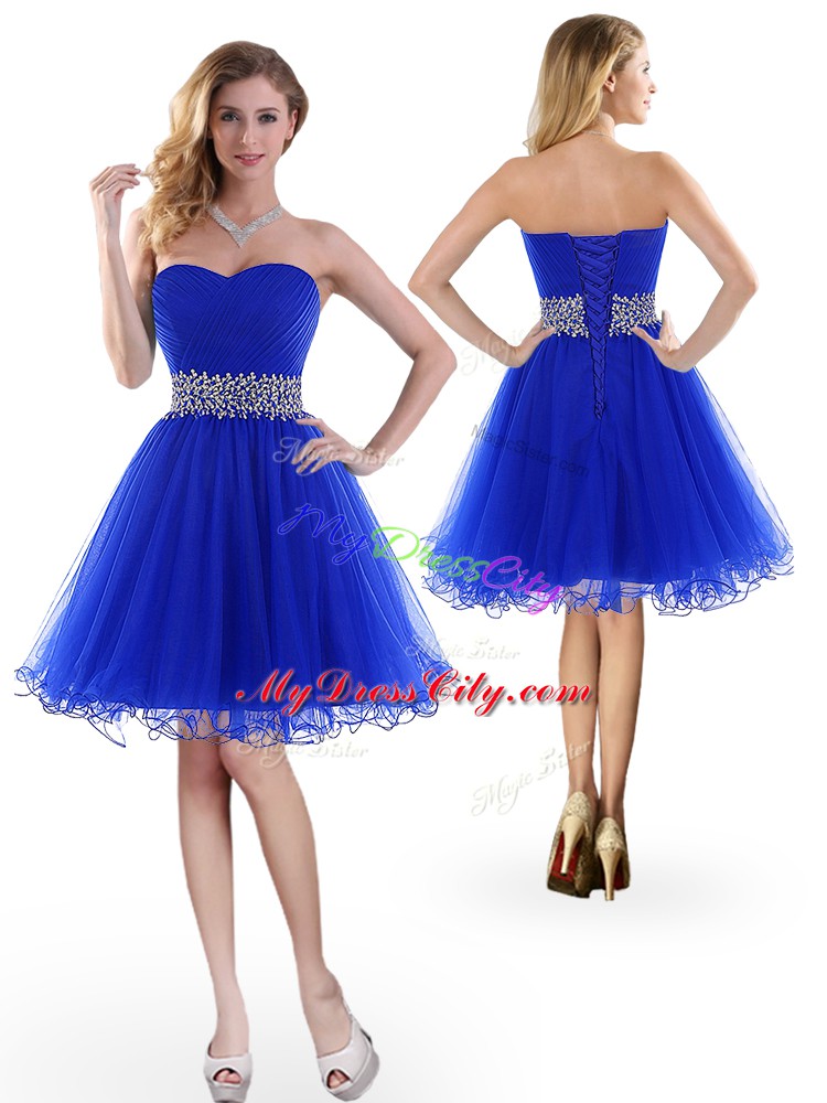 Low Price Royal Blue Tulle Lace Up Prom Party Dress Sleeveless Knee Length Beading