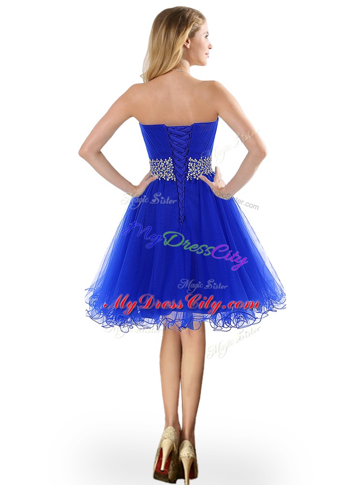 Low Price Royal Blue Tulle Lace Up Prom Party Dress Sleeveless Knee Length Beading