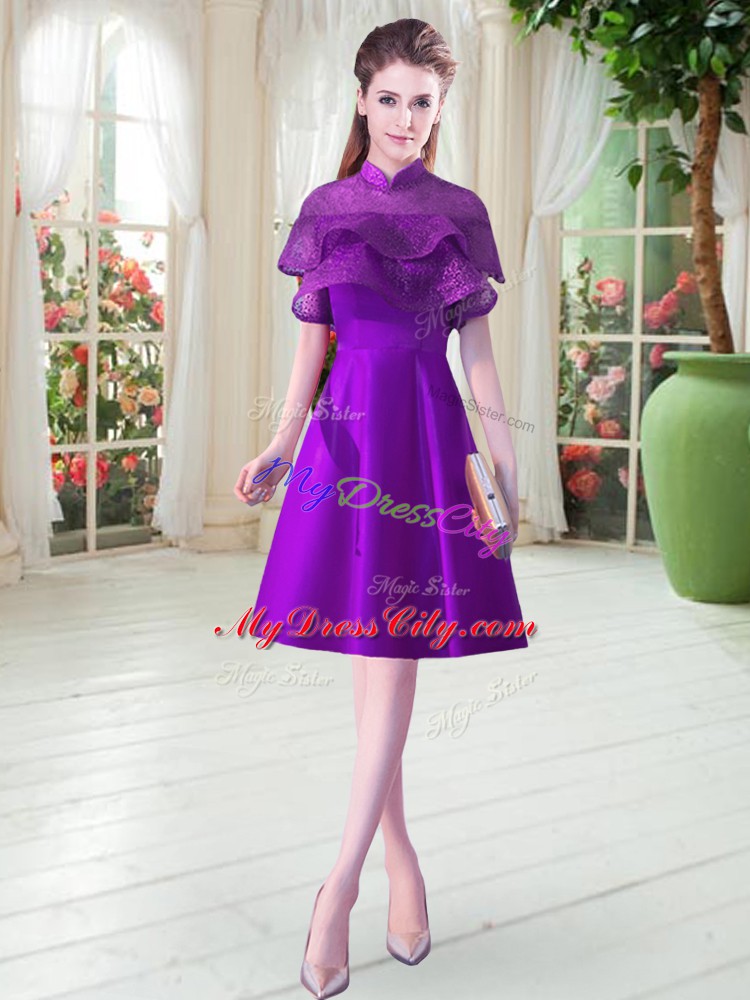 Luxury Eggplant Purple High-neck Neckline Ruffled Layers Dress for Prom Cap Sleeves Lace Up