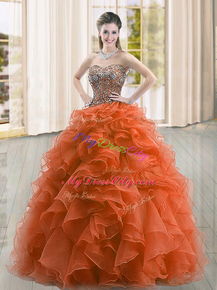 Hot Sale Floor Length Lace Up Quinceanera Gowns Rust Red for Military Ball and Sweet 16 and Quinceanera with Beading and Ruffles