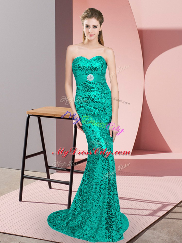 Turquoise Lace Up Dress for Prom Beading Sleeveless Sweep Train