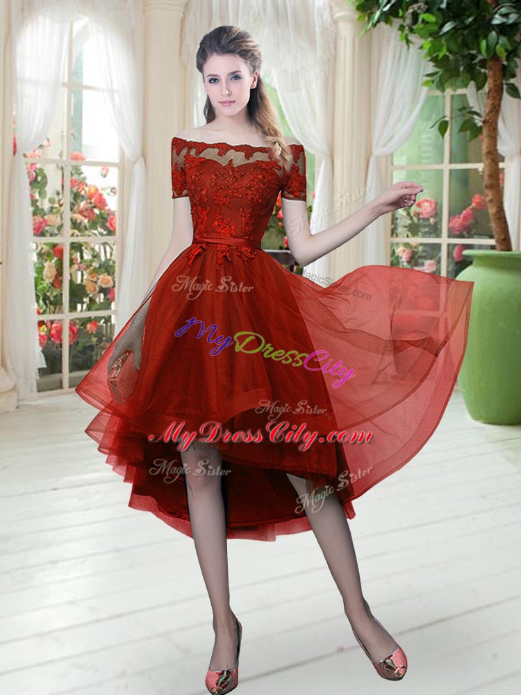 Dazzling Wine Red Short Sleeves High Low Lace Lace Up Evening Dress