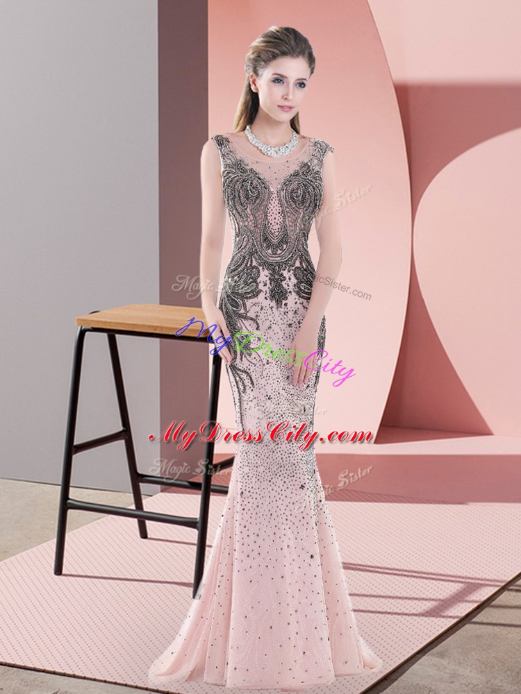 Tulle Sleeveless Evening Dress Sweep Train and Beading and Lace