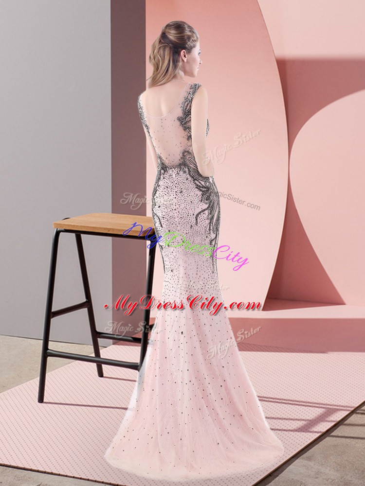 Tulle Sleeveless Evening Dress Sweep Train and Beading and Lace