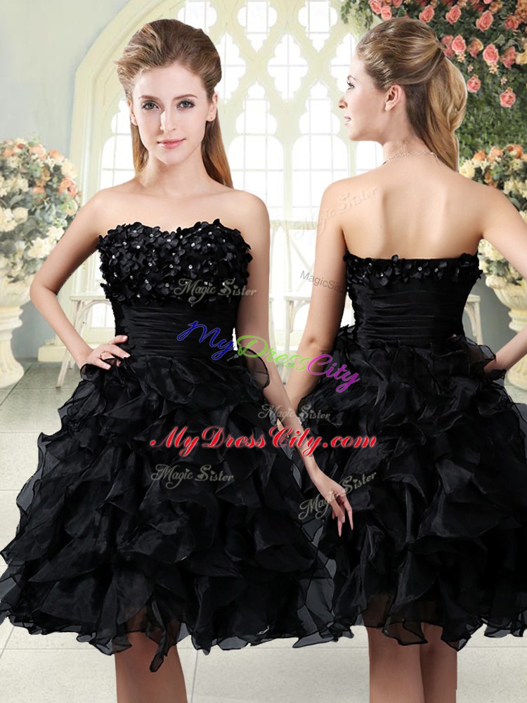 Organza Sweetheart Sleeveless Side Zipper Beading and Appliques and Ruffles Prom Dresses in Black