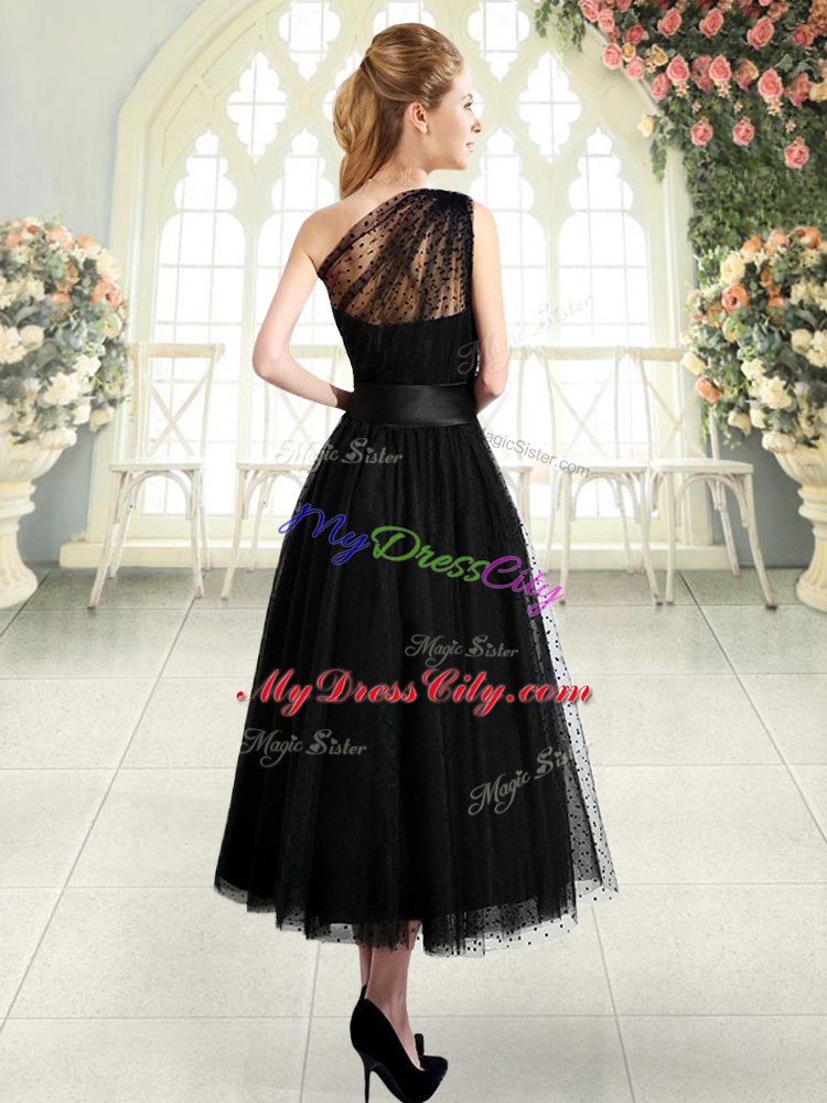 Tea Length Black Prom Party Dress One Shoulder Sleeveless Side Zipper