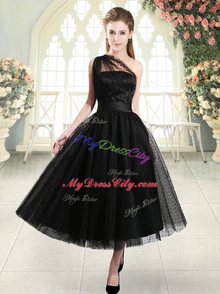 Tea Length Black Prom Party Dress One Shoulder Sleeveless Side Zipper