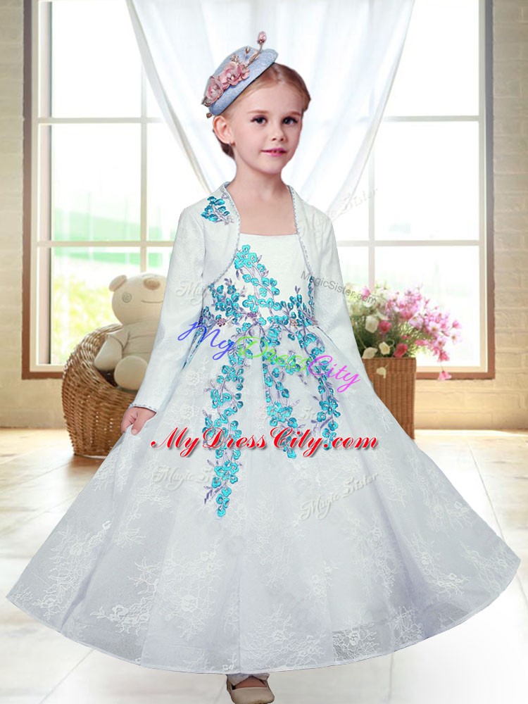 Cheap White A-line Straps Sleeveless Lace Ankle Length Zipper Embroidery Toddler Flower Girl Dress