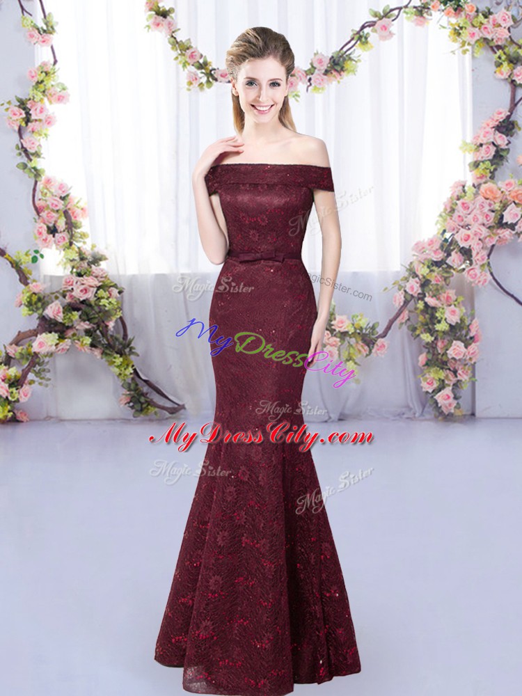 Burgundy Mermaid Off The Shoulder Sleeveless Lace Floor Length Lace Up Wedding Guest Dresses