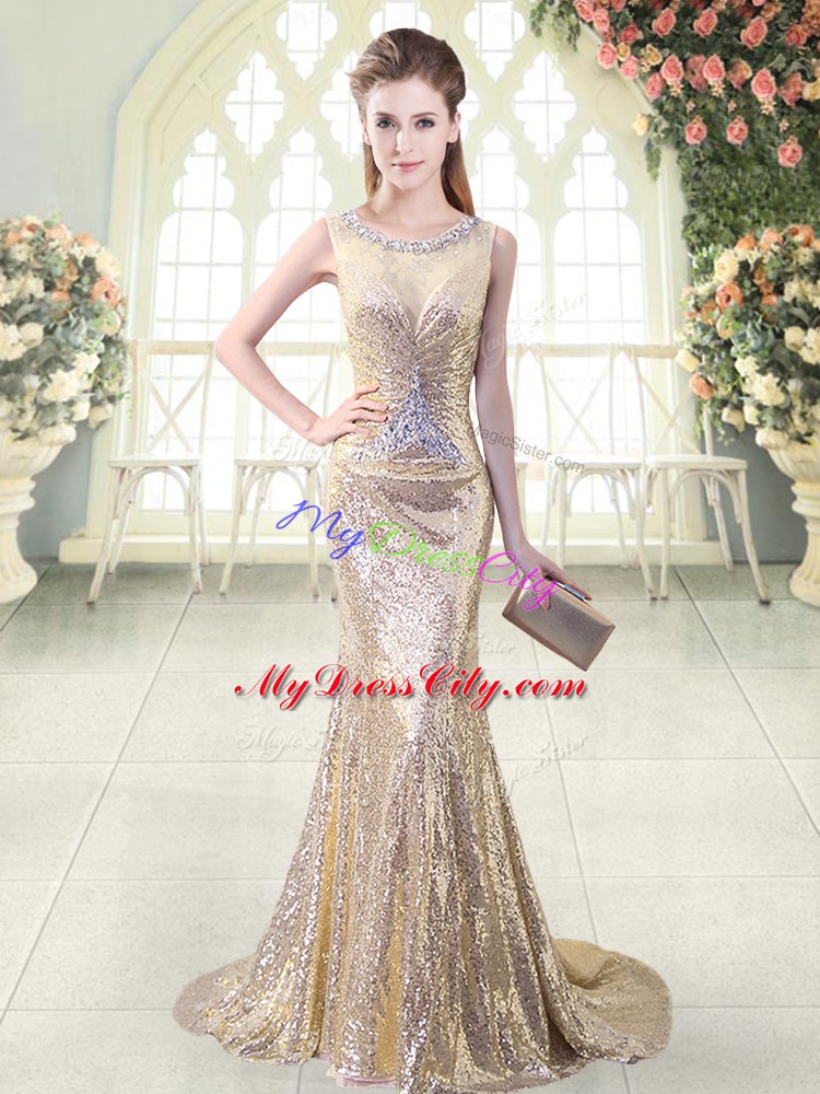 Sleeveless Brush Train Zipper Beading Dress for Prom