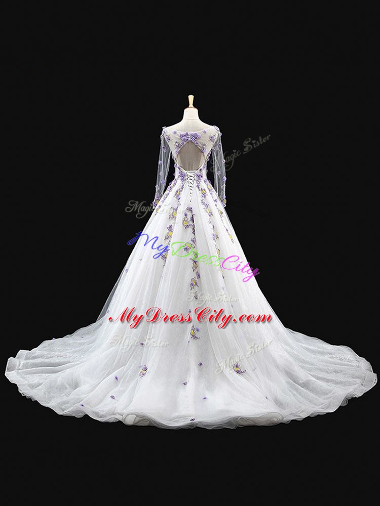 High End Long Sleeves Tulle Brush Train Backless Sweet 16 Dress in White with Appliques