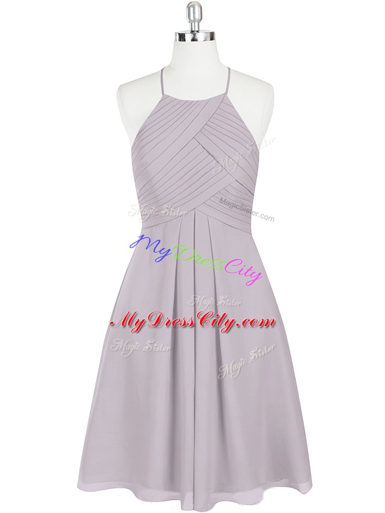 Halter Top Sleeveless Prom Dress Mini Length Ruching Grey Chiffon