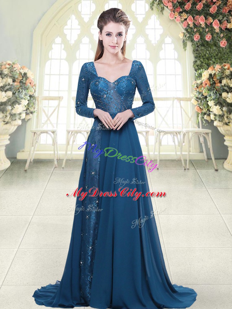 Blue Long Sleeves Sweep Train Beading and Lace