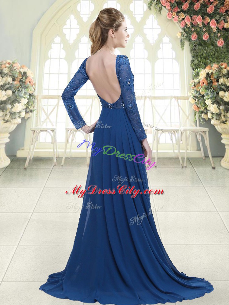 Blue Long Sleeves Sweep Train Beading and Lace