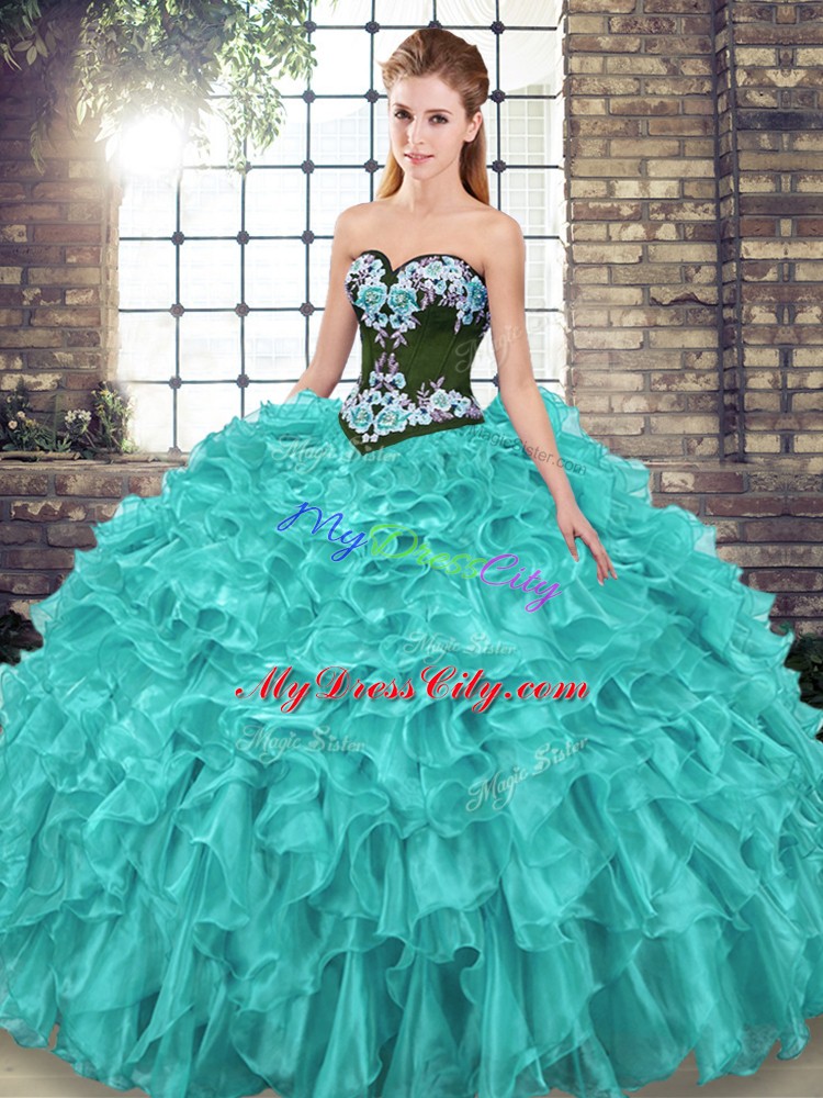 Beautiful Turquoise Sweetheart Lace Up Embroidery and Ruffles Ball Gown Prom Dress Sweep Train Sleeveless