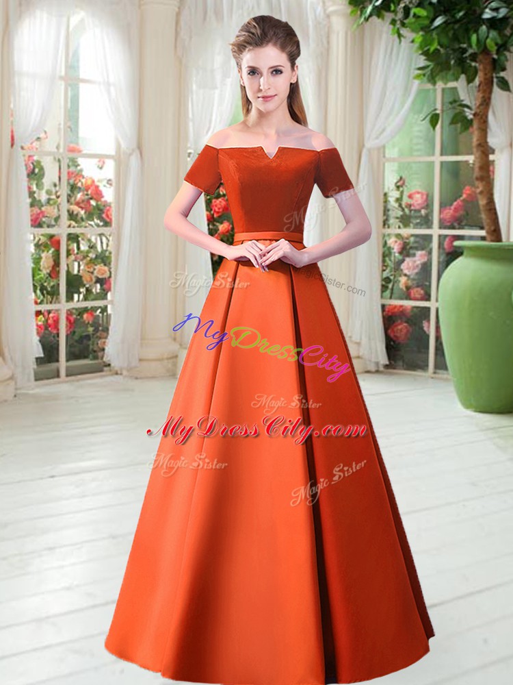 Dazzling Orange Red A-line Satin Off The Shoulder Short Sleeves Belt Floor Length Lace Up