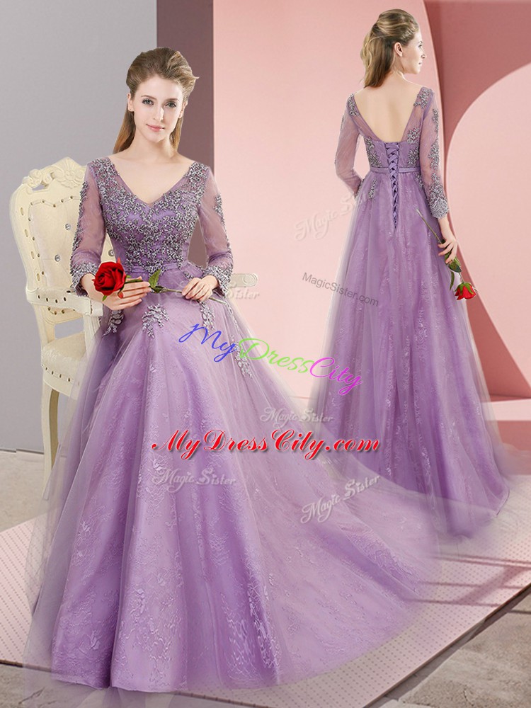 Discount Lavender Long Sleeves Tulle Sweep Train Lace Up for Prom and Party and Military Ball