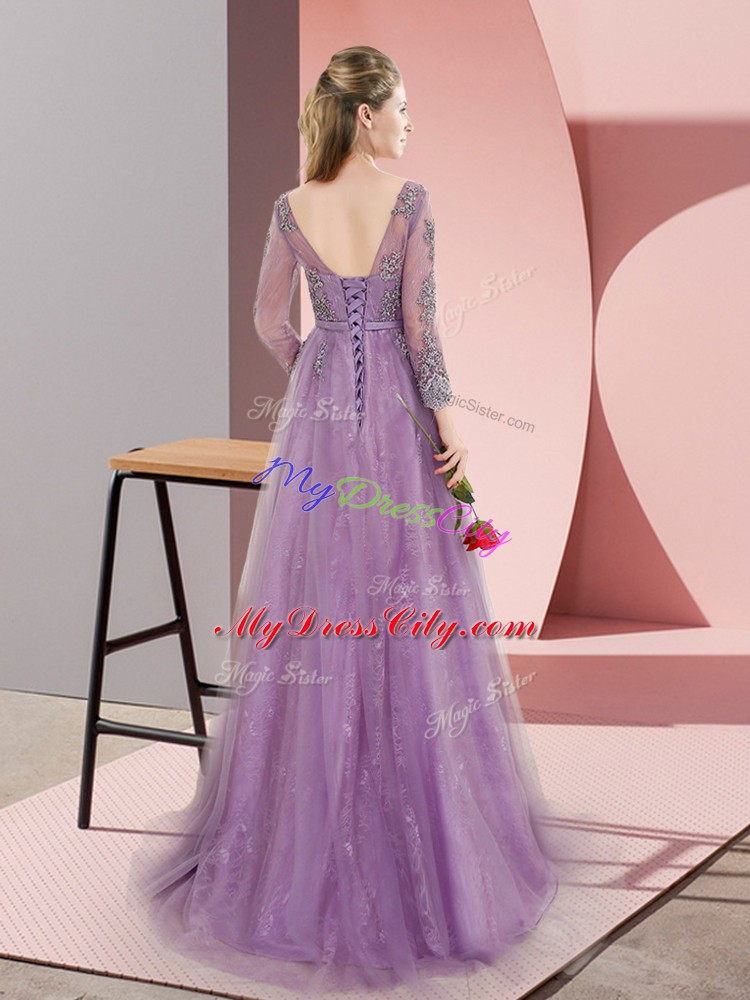 Discount Lavender Long Sleeves Tulle Sweep Train Lace Up for Prom and Party and Military Ball