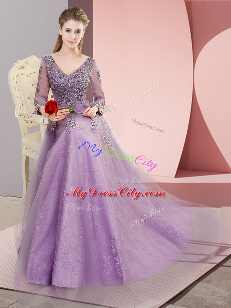 Discount Lavender Long Sleeves Tulle Sweep Train Lace Up for Prom and Party and Military Ball