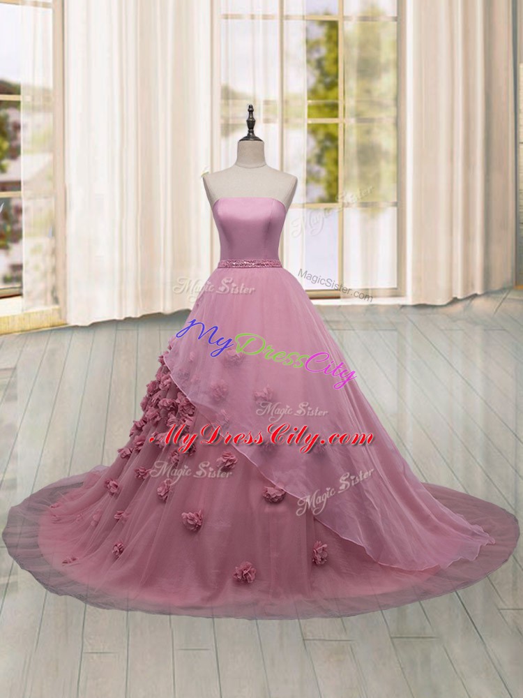 Fine Sleeveless Hand Made Flower Lace Up Quinceanera Gowns with Pink Brush Train