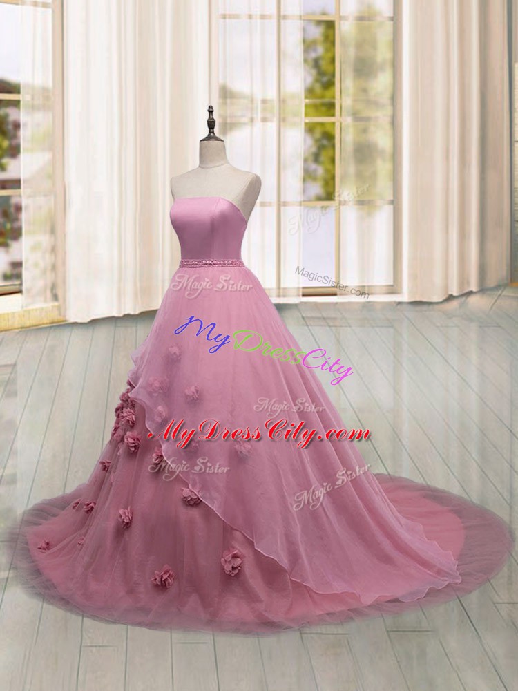 Fine Sleeveless Hand Made Flower Lace Up Quinceanera Gowns with Pink Brush Train