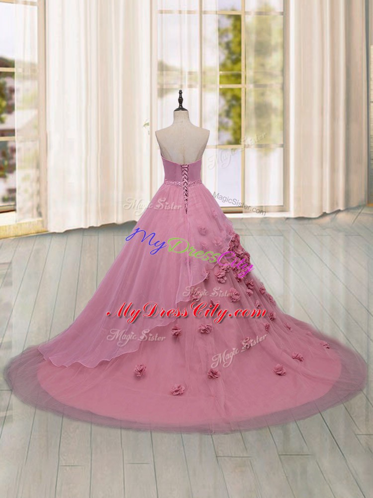 Fine Sleeveless Hand Made Flower Lace Up Quinceanera Gowns with Pink Brush Train