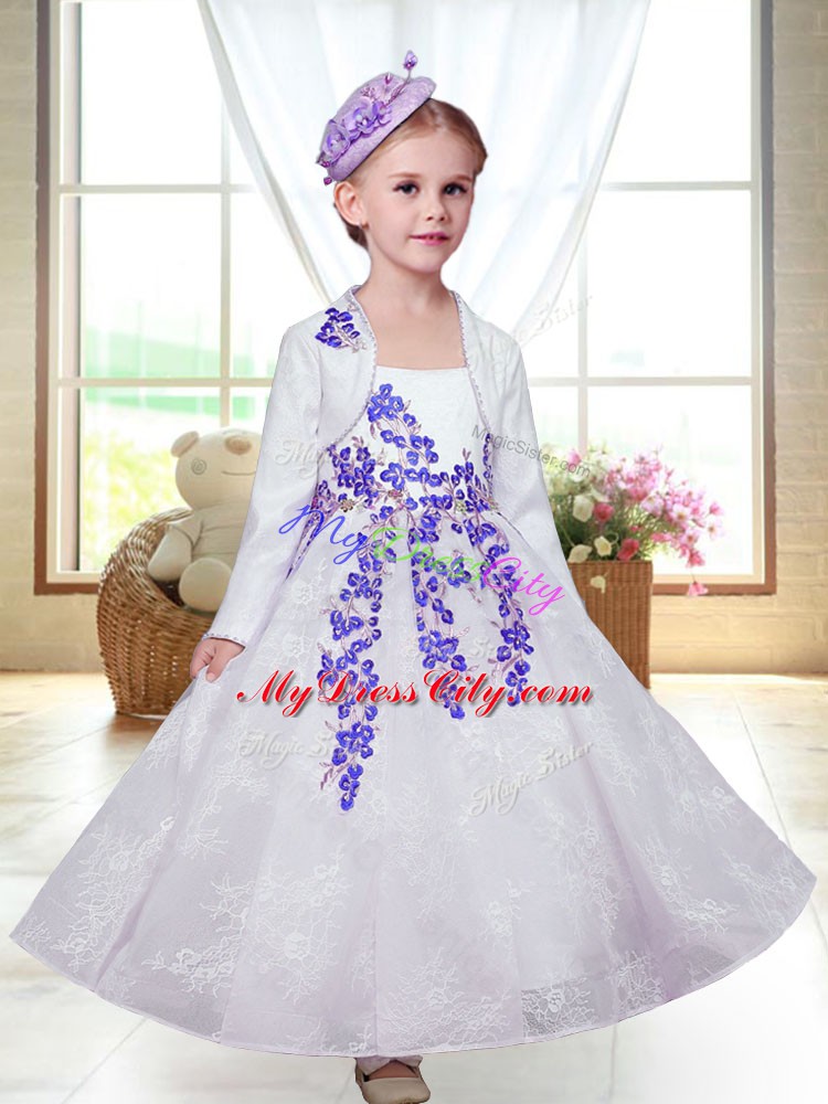 White Sleeveless Ankle Length Embroidery Zipper Flower Girl Dress