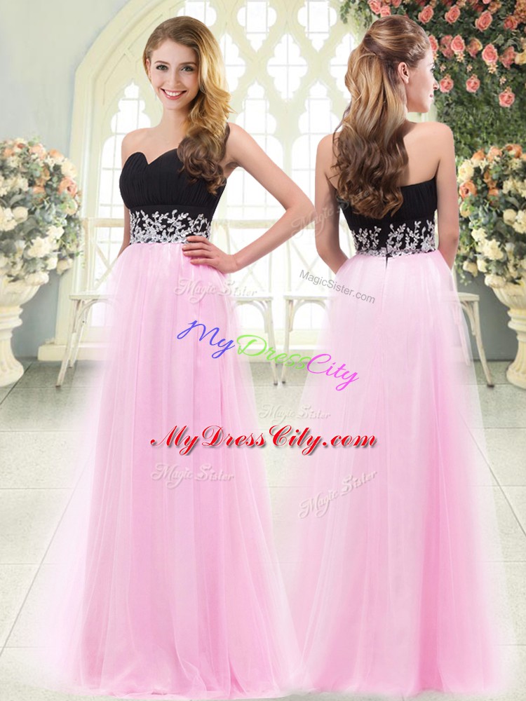 Glorious Rose Pink Sleeveless Floor Length Appliques Zipper Prom Evening Gown