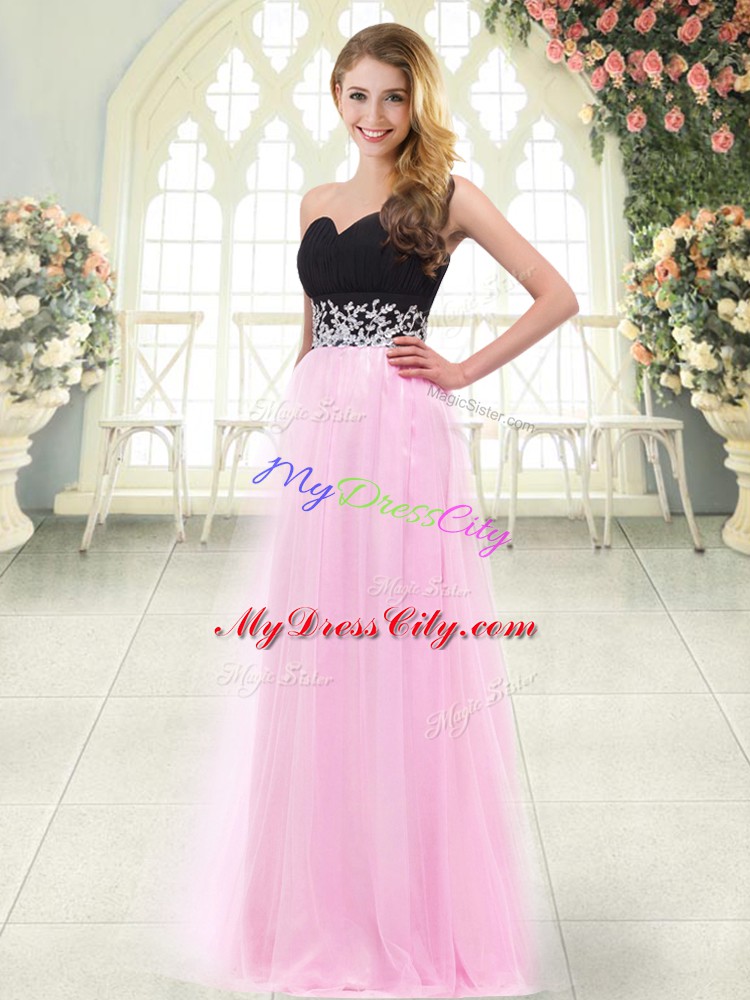 Glorious Rose Pink Sleeveless Floor Length Appliques Zipper Prom Evening Gown