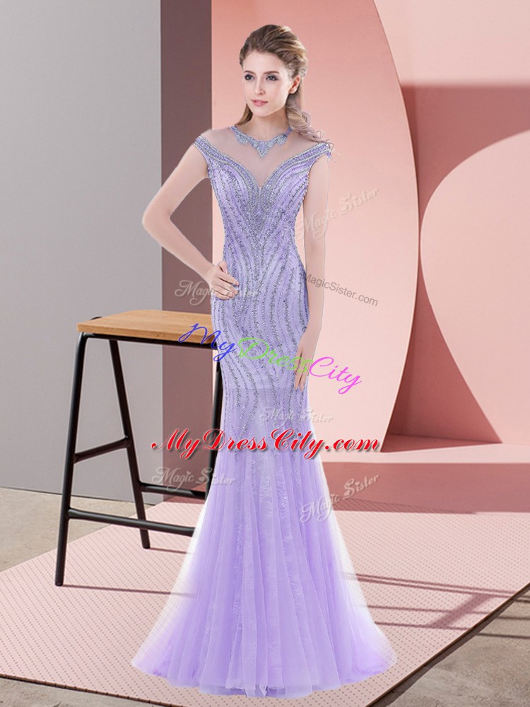 Lavender Cap Sleeves Tulle Sweep Train Lace Up Prom Dress for Prom and Party and Military Ball