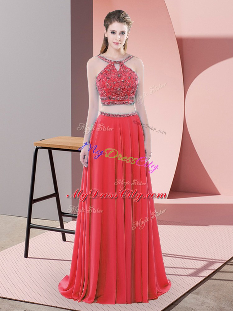 Red Straps Backless Beading Evening Dress Sweep Train Sleeveless