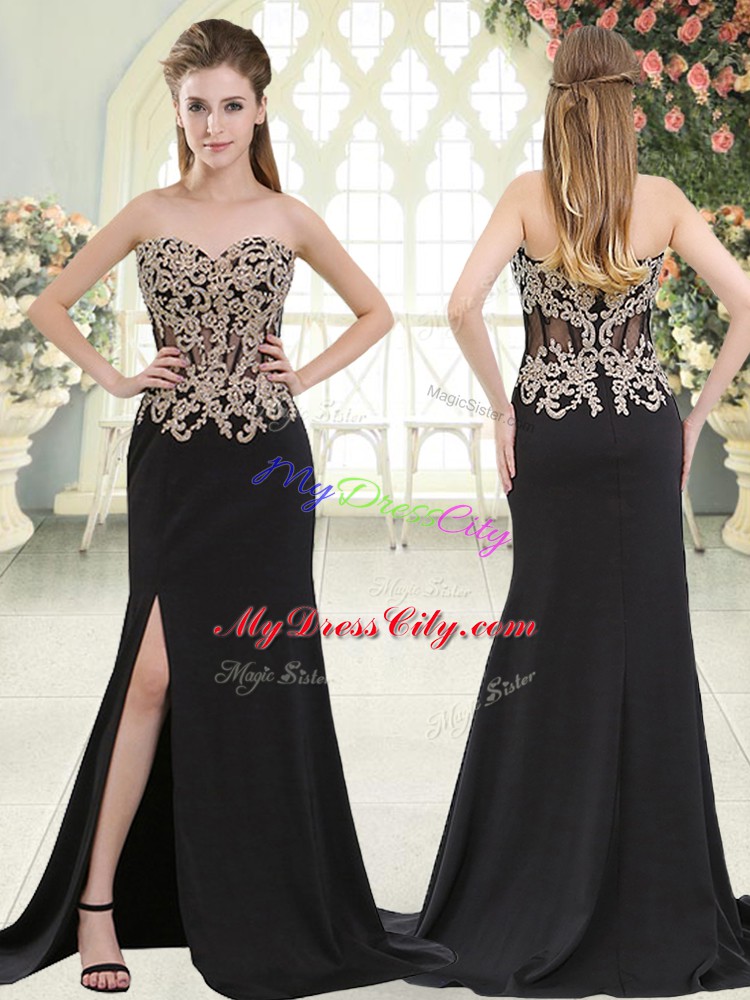 Beading and Appliques Prom Dresses Black Zipper Sleeveless Sweep Train