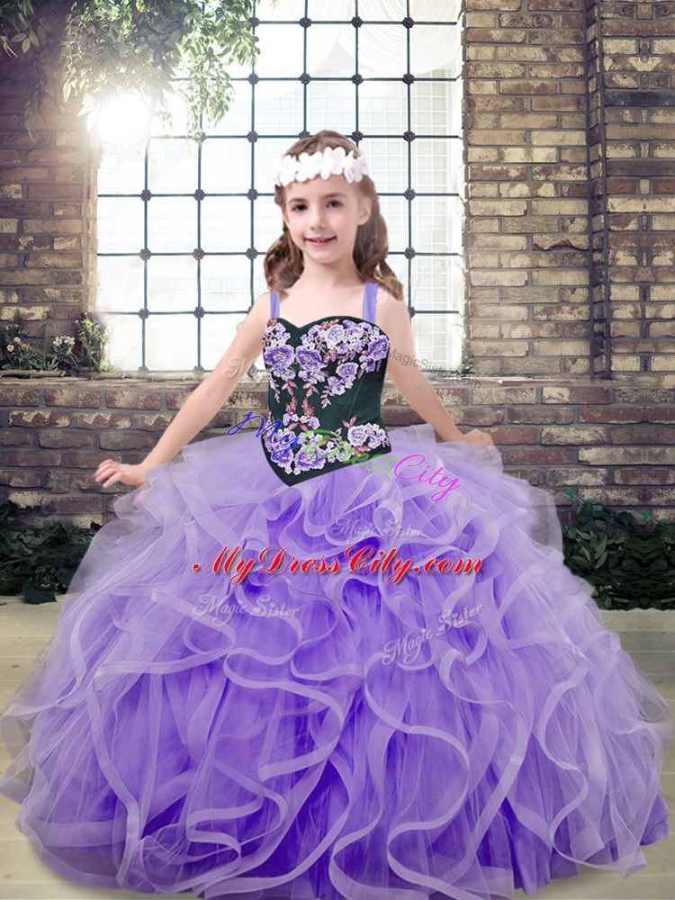 Sleeveless Floor Length Embroidery and Ruffles Lace Up Little Girl Pageant Dress with Lavender