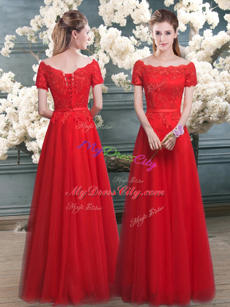 High Class Floor Length A-line Short Sleeves Red Dress for Prom Lace Up