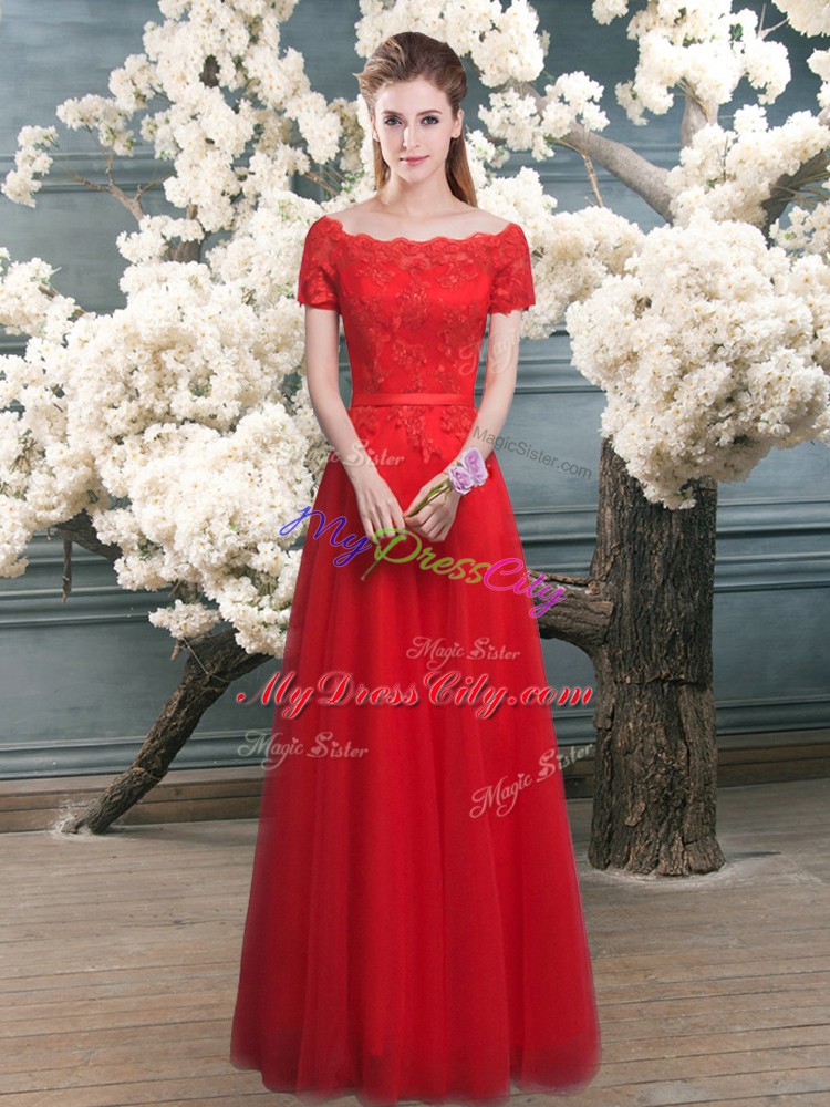 High Class Floor Length A-line Short Sleeves Red Dress for Prom Lace Up