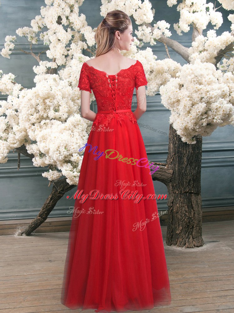 High Class Floor Length A-line Short Sleeves Red Dress for Prom Lace Up