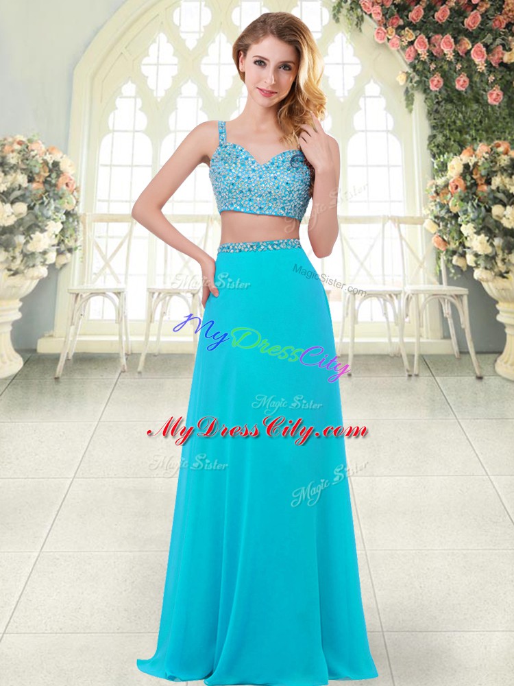 Dazzling Aqua Blue Zipper Straps Beading Evening Dress Chiffon Sleeveless