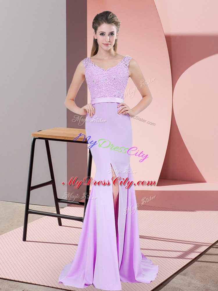 Lilac Prom Party Dress Prom and Party with Beading and Lace V-neck Sleeveless Sweep Train Zipper