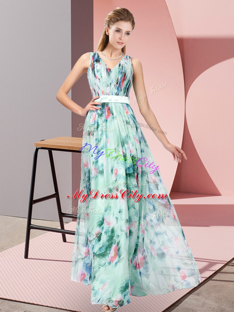 High Class Multi-color Printed Zipper V-neck Sleeveless Floor Length Pattern