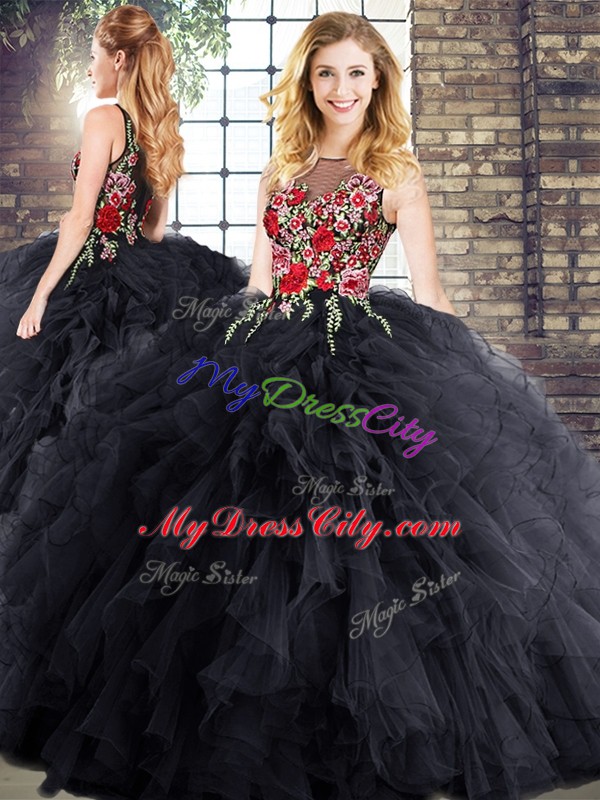 Dazzling Sleeveless Floor Length Zipper 15 Quinceanera Dress in Black with Embroidery and Ruffles