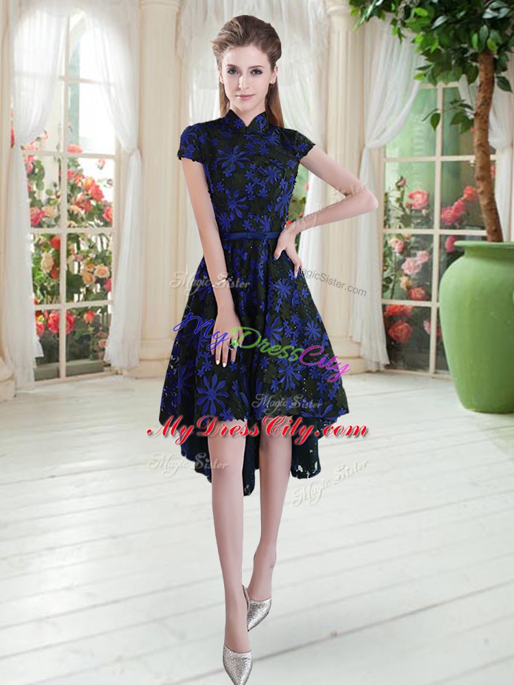 Suitable High-neck Short Sleeves Dress for Prom High Low Appliques Blue And Black Lace