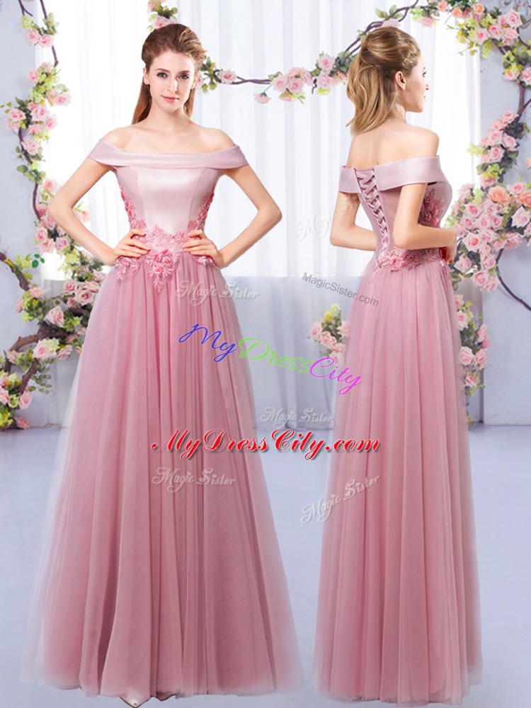 Appliques Dama Dress for Quinceanera Pink Lace Up Sleeveless Floor Length