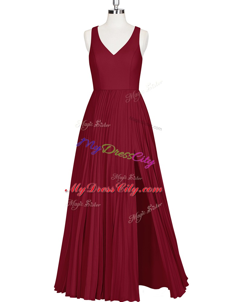 Fashionable Wine Red Zipper V-neck Sleeveless Floor Length Prom Evening Gown Pleated