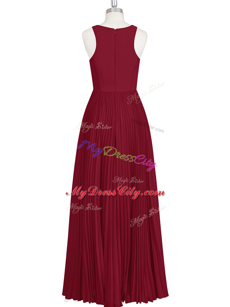 Fashionable Wine Red Zipper V-neck Sleeveless Floor Length Prom Evening Gown Pleated